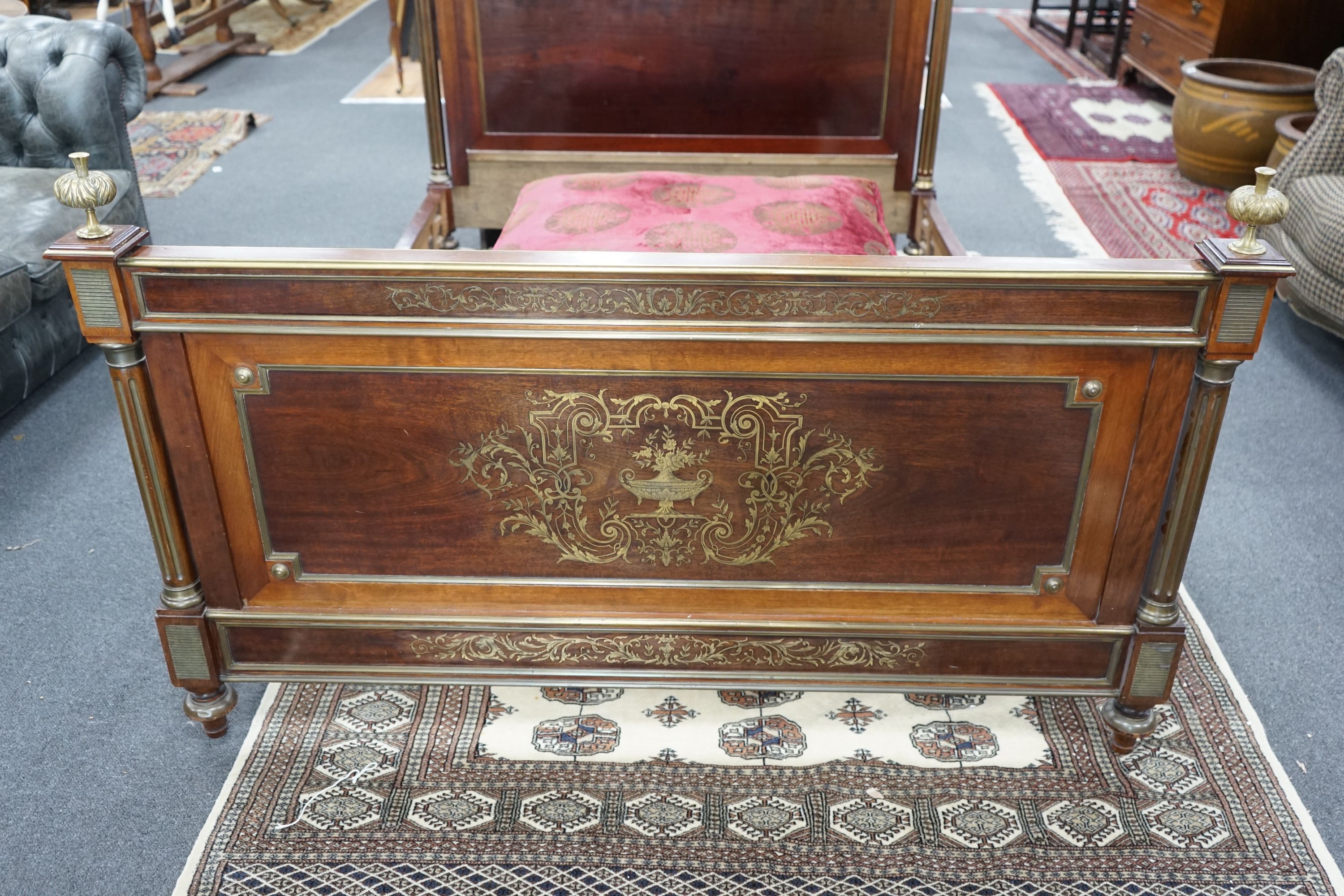 A Louis XVI style brass inlaid mahogany double bed frame, width 143cm, length 204cm